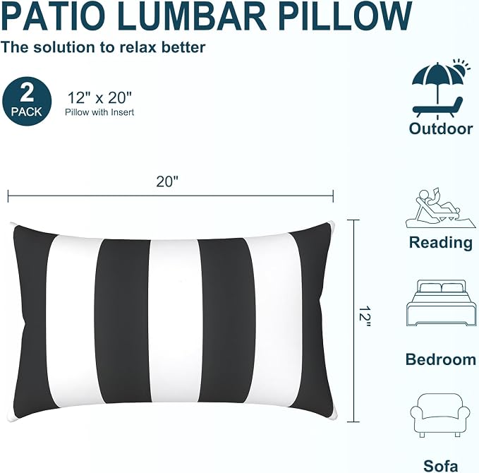 DYTXIII Pack of 2 Waterproof Outdoor Lumbar Pillow with Inserts, 12x20 in Rectangle Decorative Patio Throw Pillow for Home, Sofa,Bench and Patio Furniture, Cabana Black