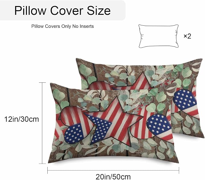 4th of July Waterproof Outdoor Pillow Covers Set of 2 Home Decor, Vintage Eucalyptus Leaf Stars Stripes Flag Pillowcase Patio Pillow Covers for Couch Bench Furniture Garden 20x12in