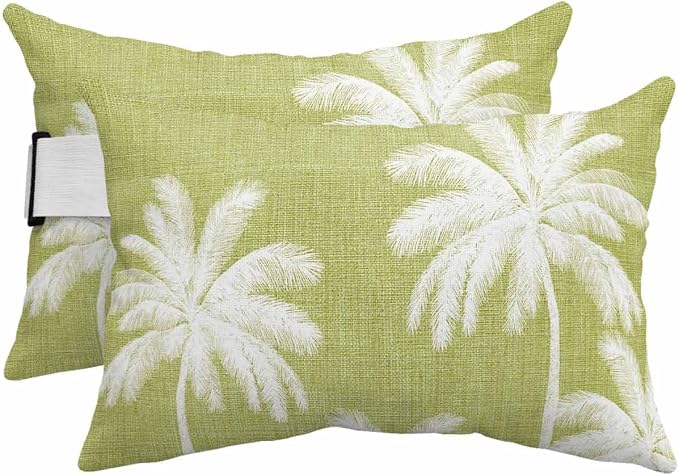 Pack of 2 Outdoor Lumbar Pillow Covers 11x16 Inch, Yellow Palm Trees Waterproof Throw Pillow Covers Set, Farmhouse Tropical Summer Beach Indoor&Outdoor Decorative Cushion Cases for Patio Porch Car