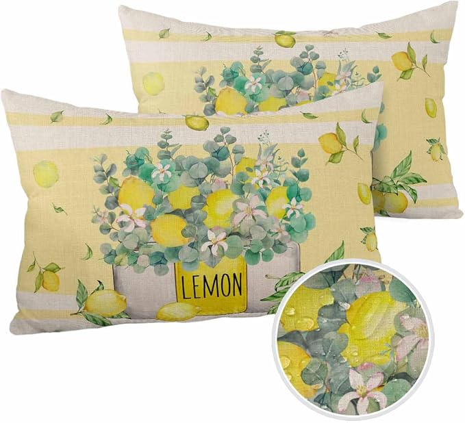 Eucalyptus Leaves Outdoor Pillow Covers Pack of 2, Yellow Stripes Vase Lemon Waterproof Pillow Covers Seasonal Spring Summer Throw Pillowcase for Patio Funiture Garden Tent, 12 x 20 inch