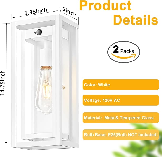 15" Motion Sensor Outdoor Lights, 2 Pack Large White Outdoor Light Fixture, 3 Lighting Modes Waterproof Anti-Rust Wall Sconces, Exterior Lighting Fixtures for Front Door, Porch, Garage