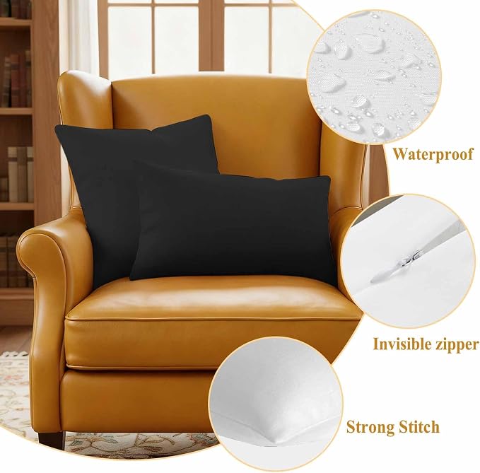 Lumbar Pillow Covers 12 x 20 Inches, Black Pure Color Waterproof Throw Pillow Cover Set of 2, Aesthetics Contemporary Luxury Decorative Rectangle Cushion Covers for Patio/Couch/Garden