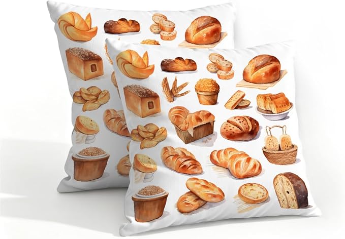 16x16 Inch Outdoor Pillow Covers Set of 2 Waterproof Throw Pillow Covers Decorative Couch Cushion Covers Bread Food Pattern Square Pillowcases Protectors for Patio Garden Sofa