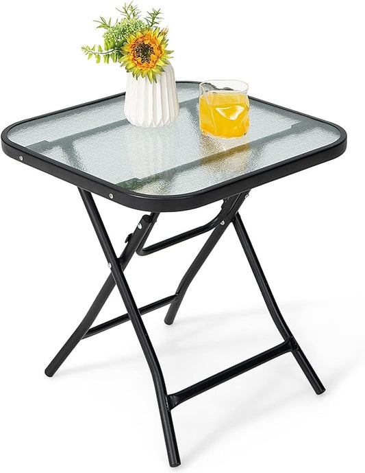 HAPPYGRILL 18” Folding Square Glass Side Table, Portable Patio Bistro Coffee Table with Tempered Glass Tabletop, Solid Steel Structure, Ideal for Poolside Backyard Living Room