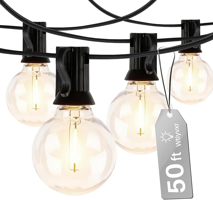 50 FT 2700K Outdoor String Lights,26 Plastic Edison Bulbs, E12 Base | G40 globe shatterproof bulbs, IP65 waterproof, dimmable LED, for backyard porch balcony party decor