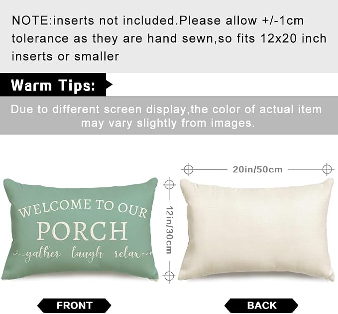 RABUSOFA Welcome to Our Porch Decor Outdoor Pillow Covers Waterproof,12x20 Set of 2 Eucalyptus Green Stay Awhile Relax Lumbar Cushion Case Decorations for Patio Couch (Green)
