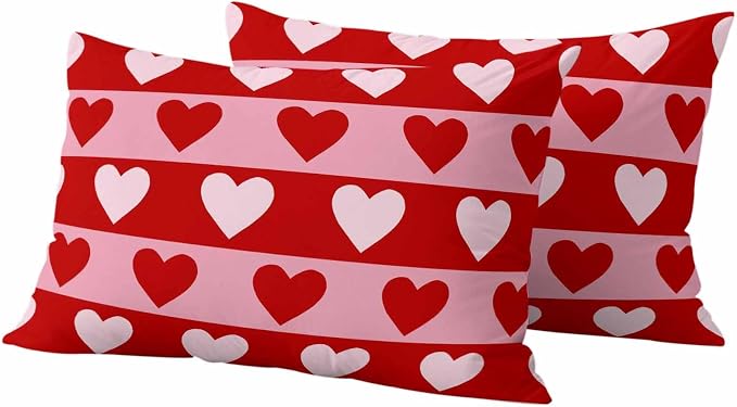 Outdoor Waterproof Throw Pillow Covers, Valentine's Day Decorative Pillow Cases, Romantic Pink Red Love Heart Stripes Couch Pillow Protector Patio Sofa Cushion Covers Replacement 20"x12" 2 Pack