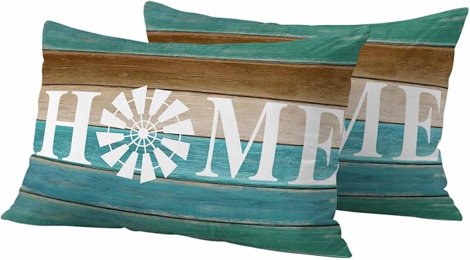 Outdoor Pillow Covers Set of 2, Home Windmill Farmhouse Wooden Decorative Throw Pillow Covers 20X12IN, Farm Teal Wood Board Throw Pillows Protector Cushion Case for Patio,Couch,Sofa,Garden