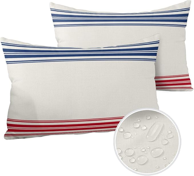 Outdoor Waterproof Pillow Covers Set of 2, Independence Day Flag Day Blue Red Stripe Vintage Patio Throw Pillow Covers, Decorative Cushion Case for Couch Sofa Furniture Garden, 20x12 Inch