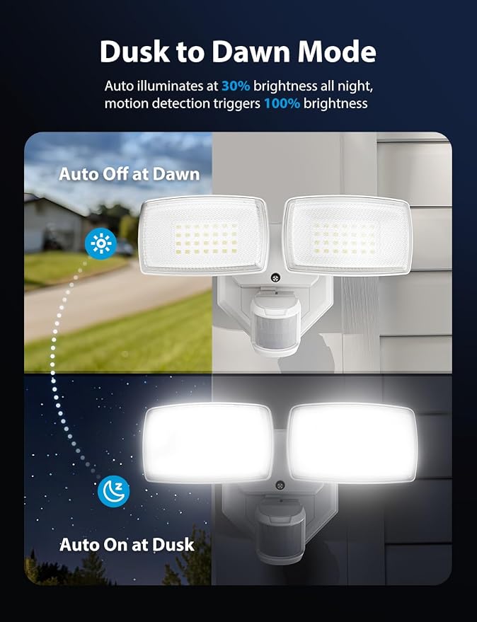 Onforu 32W 2 Head Motion Sensor Outdoor Lights, 3200LM 6500K LED Security Light Hardwired, Dusk to Dawn, Motion Detector Light for Outside, IP65 Waterproof Flood Lights for Garage, Yard(White)