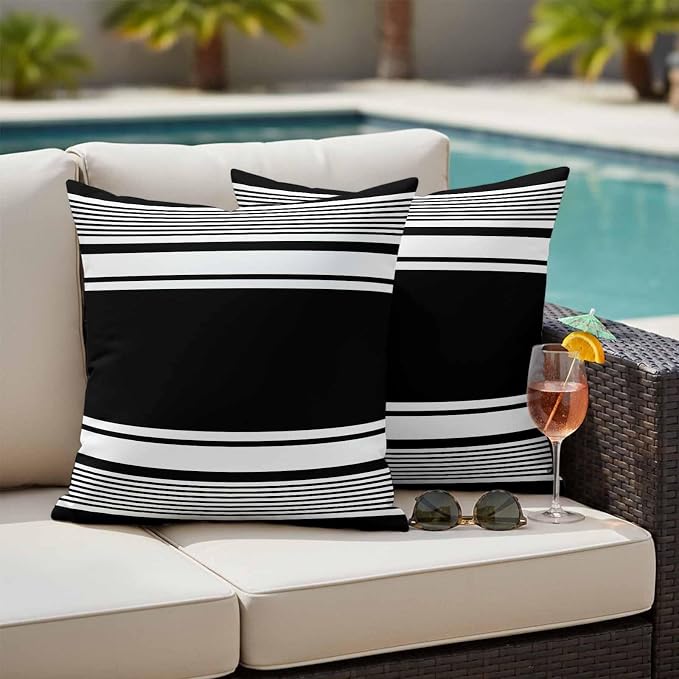 Vandarllin Outdoor Throw Pillows Covers 24x24 inch Set of 2 Waterproof Black Stripes Decorative Zippered Cushion Covers for Patio Furniture, Striped Lines Lumbar Pillowcases