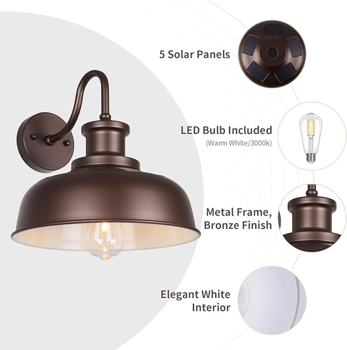 Solar Barn Light for Outside, Outdoor Wall Lights Solar Powered, Farmhouse Exterior Wall Sconce, Industrial Outside Lighting Fixture, Rustic Bronze White Lantern for Barn Shed Coop Garage Patio