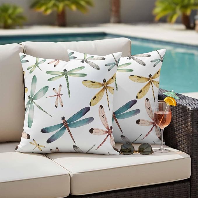 Dragonfly Outdoor Pillow Covers 16x16 Inch Throw Pillow Covers Set of 2 Waterproof Decorative Pillow Cases Watercolor Colorful Nature Painting Art Cushion Covers for Patio Furniture Garden Couch Sofa