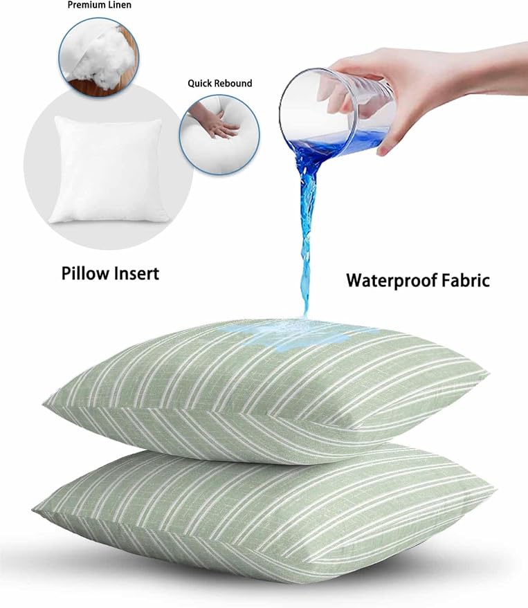 Waterproof Outdoor Pillow Set of 2 Green Linen Striped Decorative Throw Pillows Cover & Insert 16x16 Inch Pillowcase Vertical Stripes Lines Pillows for Couch Sofa Bed Patio Furniture Indoor Outdoor