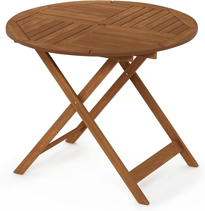 Furinno TIOMAN Folding Patio Dining Table, Outdoor Wooden Table with Umbrella Hole, Round 4-Person Patio Table for Garden, Porch, Backyard, Light Wood