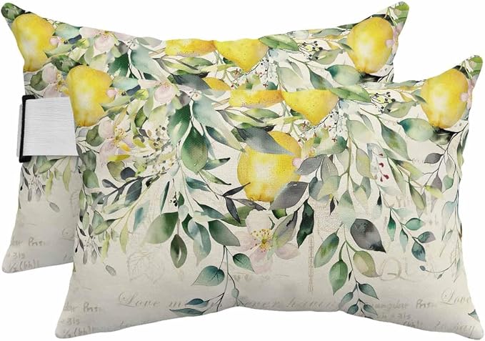 Lumbar Pillow Covers Set of 4, Summer Lemon Waterproof Outdoor Chaise Lounge Pillow Covers with Elastic Strap, Spring Eucalyptus Leaves Botanical Vintage Headrest Pillowcase for Patio, 12 x 20