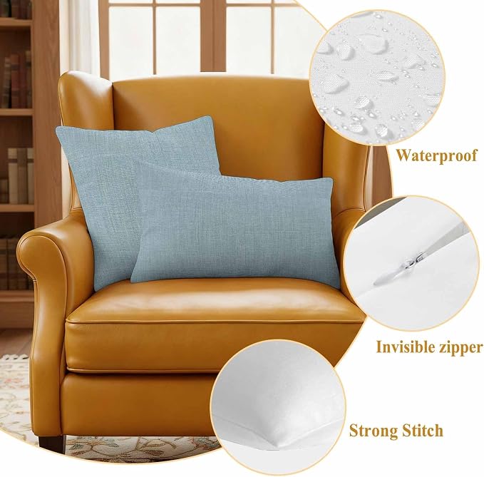 Outdoor Waterproof Throw Pillow Covers Set of 2 Blue Linen Pillowcases 20x20 Inches Farmhouse Pure Color Decorative Pillows Cushion Case Patio Pillows for Couch Bed Chair Garden
