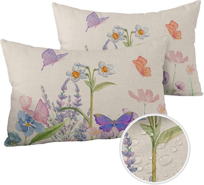YOKOU Waterproof Throw Pillow Covers, Floral Print Butterfly Watercolor Flower Spring Summer Farm Decorative Pillowcase Soft Cushion Case for Patio Couch Tent Balcony, Set of 2 Rectangle, 20"X12"