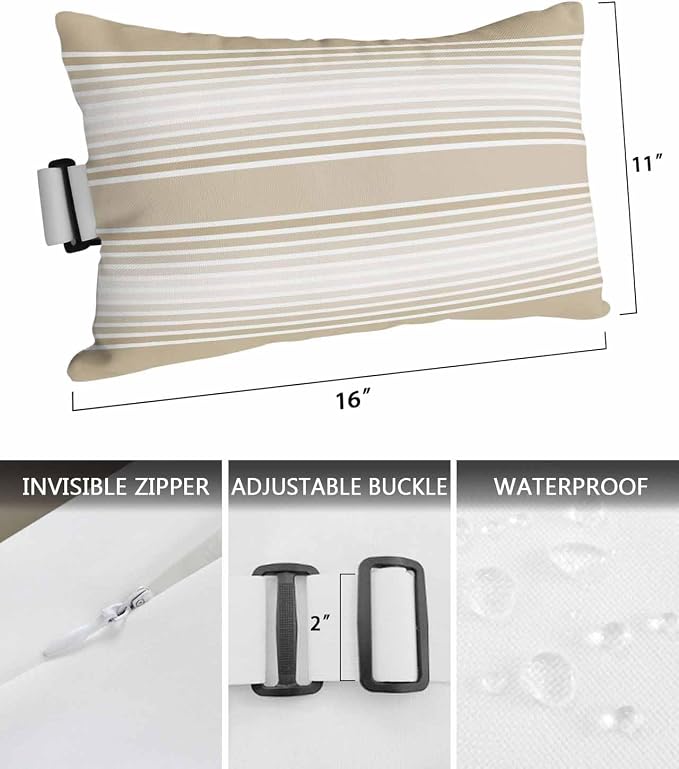 Pack of 2 Outdoor Lumbar Pillow Covers 11x16 Inch, Beige Striped Waterproof Throw Pillow Covers Set, Beige Ombre Farmhouse Stripes Indoor&Outdoor Decorative Cushion Cases for Patio Porch Car