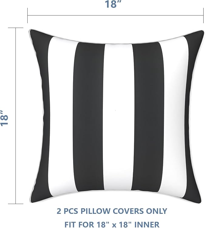 LVTXIII Outdoor Pillow Covers Set of 2, Patio Waterproof Throw Pillow Cases Fade Resistant Accent Pillow Covers for Spring Summer Garden Decoration, 18"x18", Cabana Black