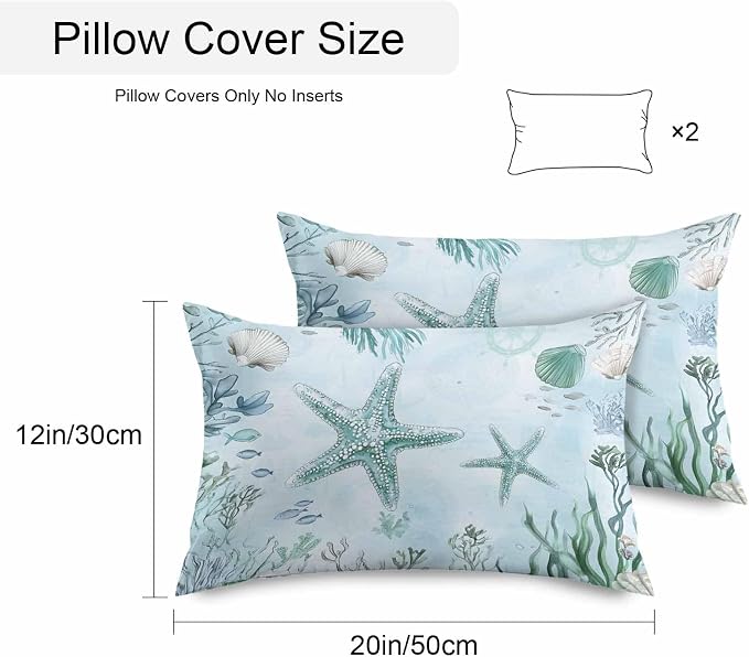 Coastal Starfish Waterproof Outdoor Pillow Covers Set of 2 Home Decor, Nautical Coral Tropical Fish Seashells Pillowcase Patio Pillow Covers for Couch Bench Furniture Garden 20x12in