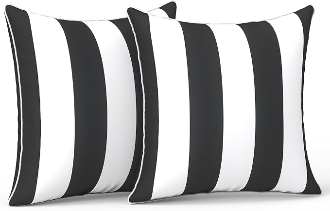 LVTXIII Outdoor Throw Pillows 18x18 Patio Waterproof Square Pillows with Piping Fade Resistant Accent Pillow for Spring Summer Garden Decoration, Set of 2, Cabana Black