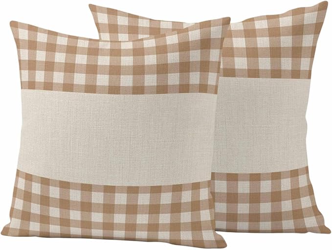 Retro Brown Outdoor Waterproof Pillow Covers, Farmhouse Buffalo Plaid Vintage Beige Decorative Square Throw Pillowcase Sofa Cushion Sham for Patio/Couch/Chair, 24"x24" 2 Pack