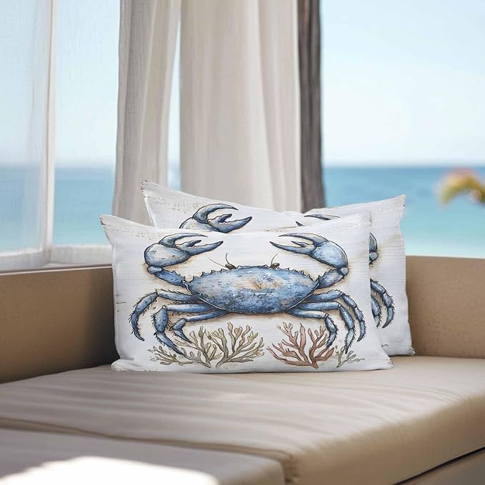 Blue Crab Coastal Outdoor Waterproof Pillow Covers, Nautical Summer Coral Ocean Beach Decorative Rectangle Throw Pillowcase Sofa Cushion Sham for Patio/Couch/Chair, 20"x12" 2 Pack