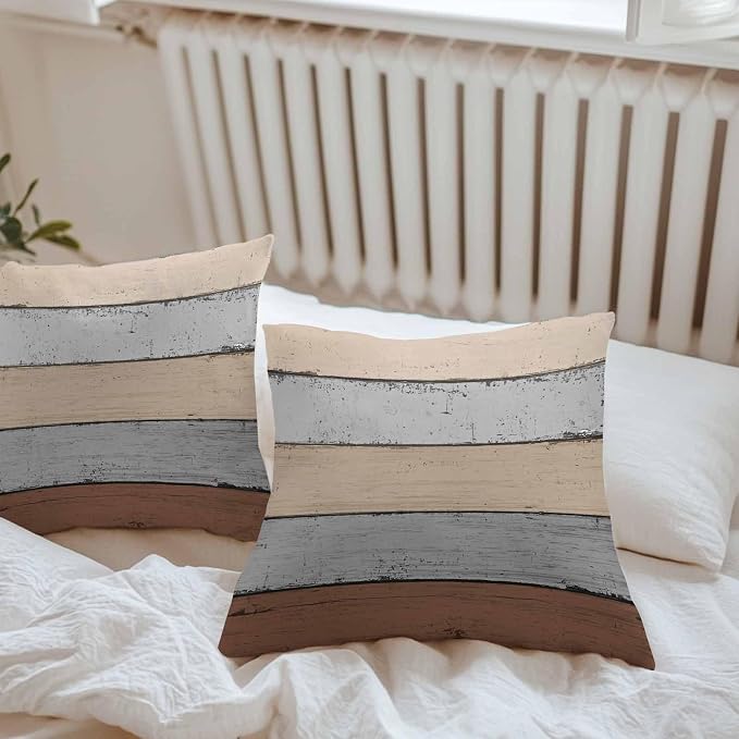 Outdoor Throw Pillow Covers 24X24 Set of 2 Waterproof Ombre Ground Color Brown Grey Decorative Zippered Cushion Covers for Patio Furniture,Lumbar Pillowcases Farmhouse Retro Rustic Barn Wood Texture