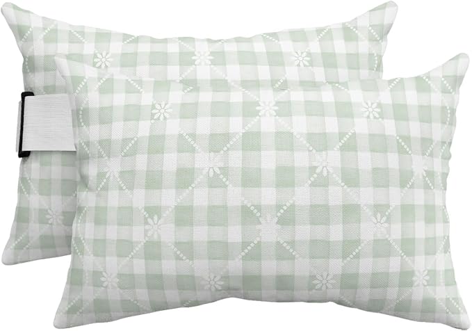 Sage Green Plaid White Lattice Flower Chaise Lounge Head Pillow, 2 Pack Outdoor Recliner Pillow with Insert&Adjustable Elastic Strap, Minimalist Style Waterproof Throw Pillows for Patio Beach Chair