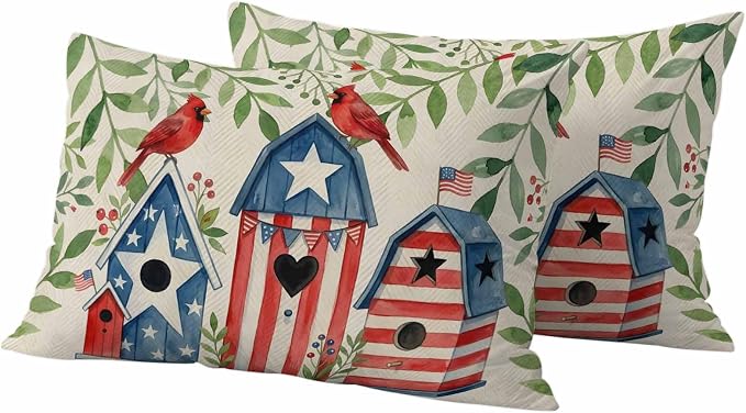 American Flag Bird House Outdoor Pillow Covers Waterproof, All Weather Cushion Case Set of 2, Green Eucalyptus Beige 250th Lumbar Pillowcase for Sofa Couch Bed Decor Patio Furniture 20"x12"