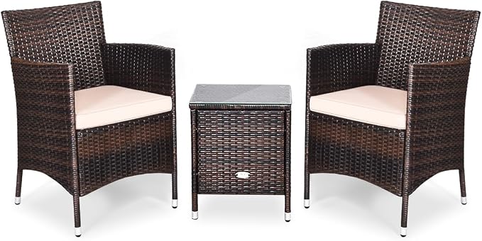 DORTALA Wicker Patio Furniture Set 3 Piece, Small Outdoor Table & Chairs Set with Cushions, All-Weather Rattan Conversation Bistro Set for Balcony, Porch, Backyard, Deck, Beige