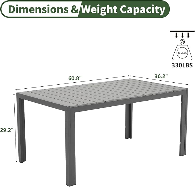 Outdoor Dining Table for 6 Person 60" Rectangular Patio Dining Table Outdoor Aluminum Tables for Garden Backyard Deck, Grey
