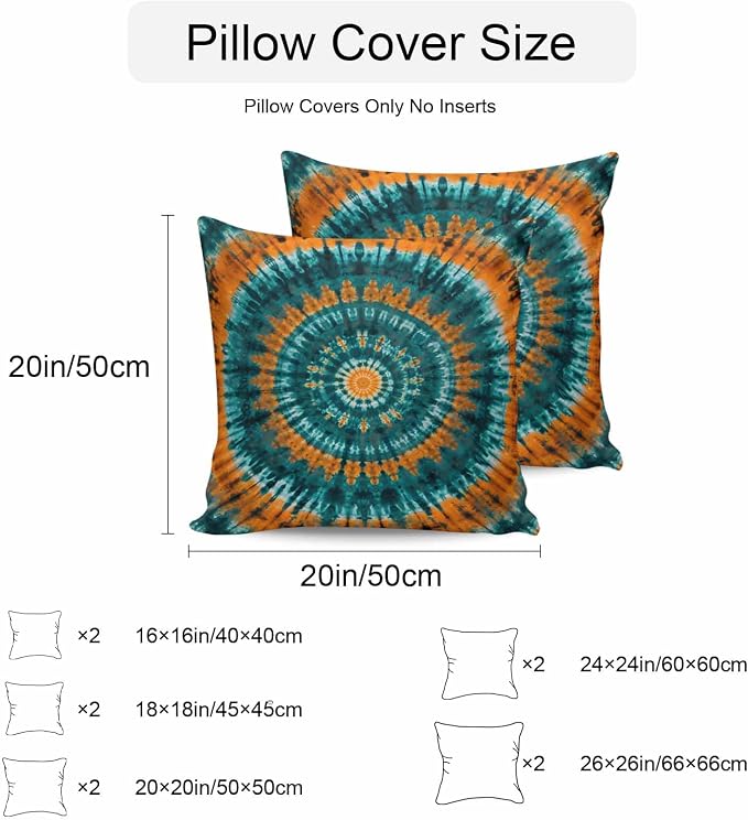 Vandarllin Outdoor Throw Pillows Covers 18x18 inch Set of 2 Waterproof Turquoise Orange Tie-Dye Art Decorative Zippered Cushion Covers for Patio Furniture, Abstract Boho Tribe Lumbar Pillowcases
