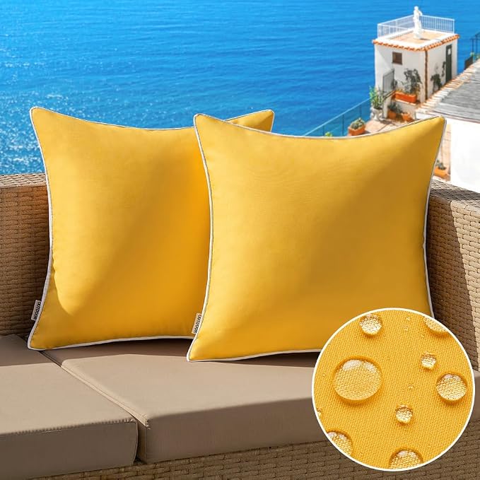 MIULEE Outdoor Waterproof Pillow Covers 16x16 Yellow Pack of 2 | Decorative Farmhouse Throw Pillow Covers with Piping,Square Solid Color,Patio Furniture,Summer Couch Tent Sofa Living Room