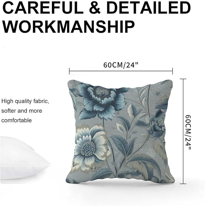 Spa On Flax Blue Chinoiserie Pillowcase Blue Grey Asian Flower Throw Pillow Cover Modern Throw Pillow Covers Farmhouse Decorative for Sofa Bed Chair Car 24x24 in