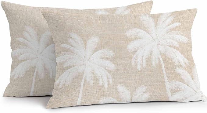 Lumbar Pillow Covers 20x12 Inch Set of 2, Beige Palm Trees Waterproof Outdoor Pillow Covers, Farmhouse Tropical Summer Beach Decorative Cushion Pillowcases for Couch, Sofa, Bed, Garden, Patio