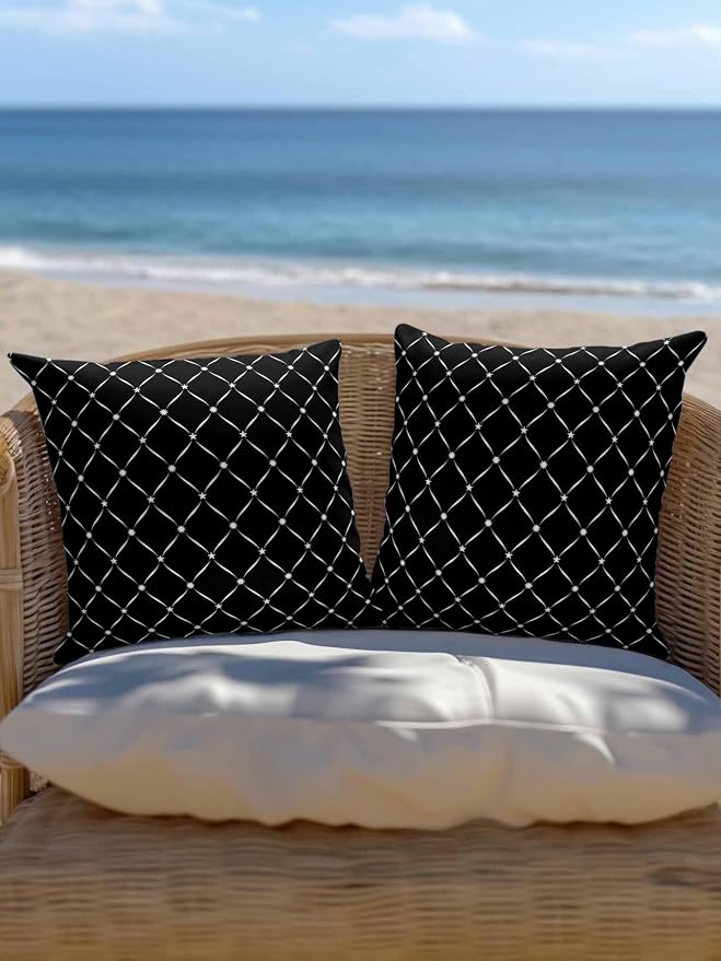 Waterproof Outdoor Pillow Set of 2 Black Grid Plaid Decorative Throw Pillows Cover & Insert 18x18 Inch Pillowcase Diagonally Crossed Lines Pillows for Couch Sofa Bed Patio Furniture Indoor Outdoor