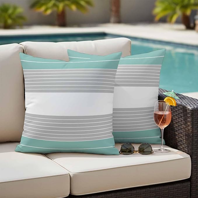 Turquoise Grey Stripe Outdoor Pillow Covers Set of 2 Gradient Line Waterproof Throw Pillow Cover Decorative Cushion Cases for Patio Porch Garden 20X20 Inch