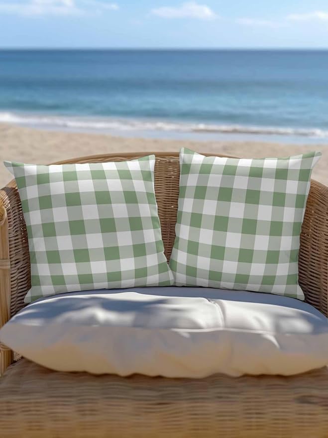 Waterproof Outdoor Pillow 1 Pack Green Buffalo Plaid Decorative Throw Pillows Cover & Insert 16x16 Inch Pillowcase Check Lines Square Pillows for Couch Sofa Bed Patio Furniture Indoor Outdoor