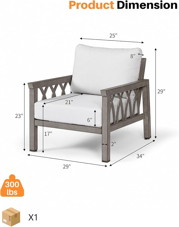 Aluminum Outdoor Sofa Chair, Modern Patio Sofa Armchair with Washable Cushions, Weather-Resistant Outdoor Club Chair, Patio Armchair Furniture for Garden, Deck, Porch, Limed Oak