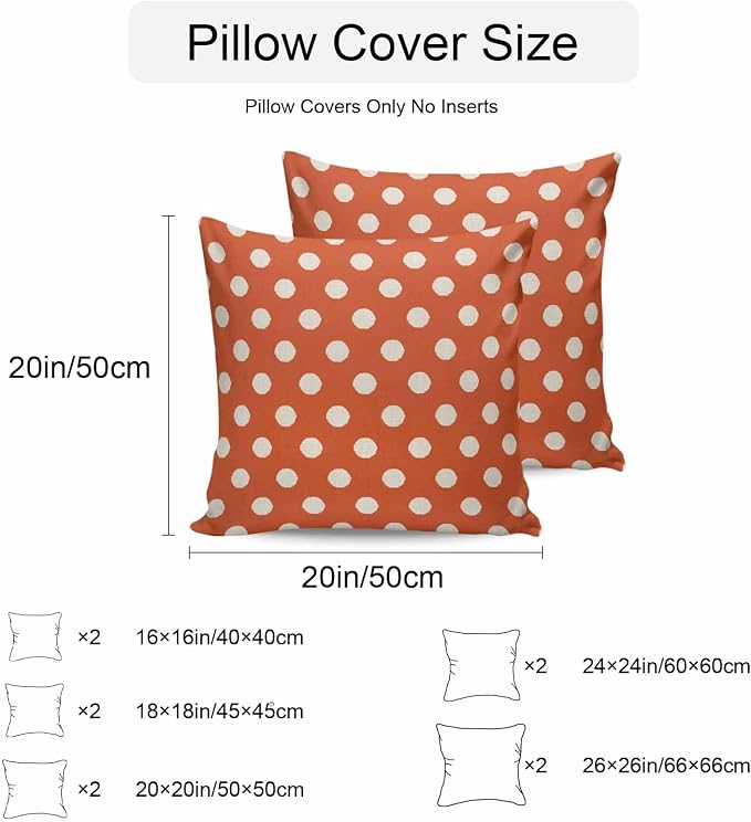 Outdoor Waterproof Throw Pillow Covers Set of 2 Orange Polka Dots Pillowcases 24x24 Inches Cute Solid Color Decorative Pillows Cushion Case Patio Pillows for Couch Bed Chair Garden