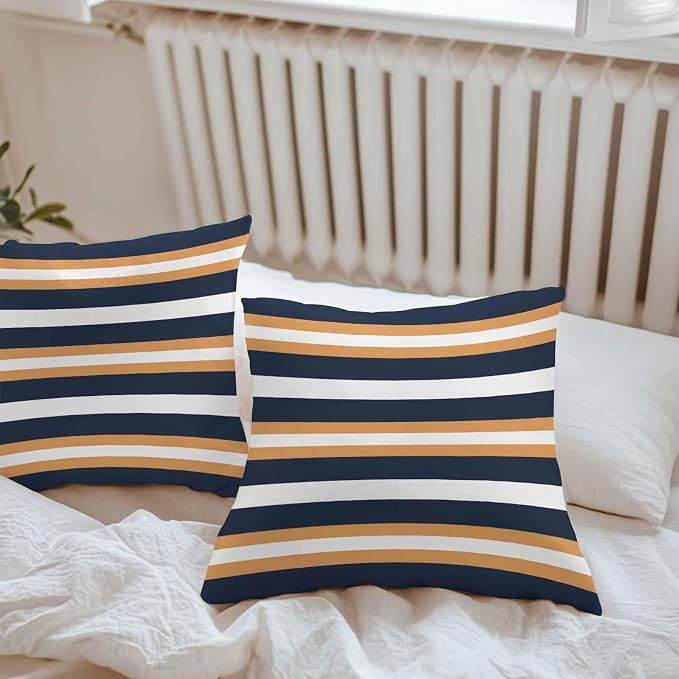 Orange Navy Blue Striped Outdoor Pillow Covers Waterproof, All Weather Cushion Case Set of 2, Minimalist Farmhouse Lines Decorative Pillowcases for Sofa Couch Bed Decor Patio Furniture 16"x16"