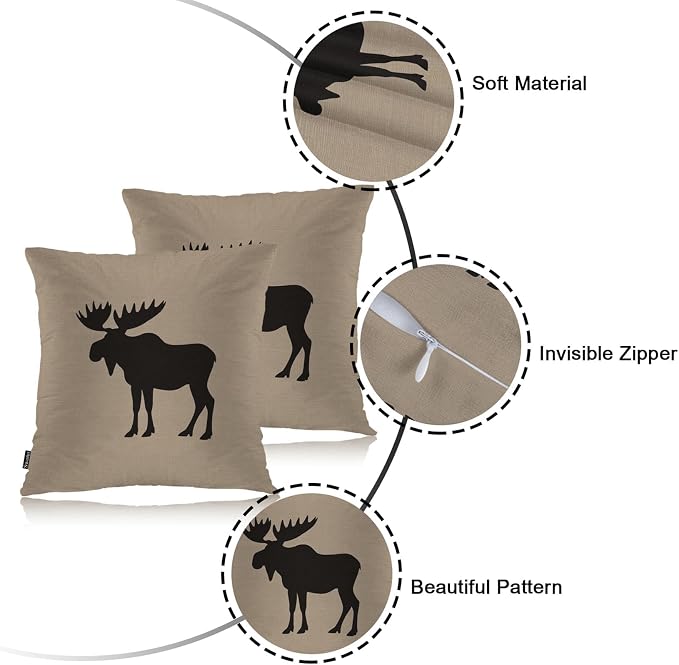Swono Moose Decorative Throw Pillows Covers, Wild Animal Moose Elk Burlap Cabin Square Pillow Cushion Covers for Man Woman, Pillowcases Decor for Home Sofa Bed Garden, 2 Packs, 18x18 Inch, Brown