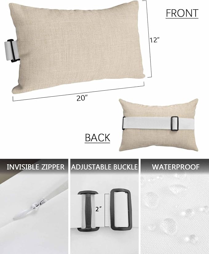 Outdoor Pillow for Chaise Lounge Chair Beige Rustic Vintage Burlap Texture Outdoor Pillows Waterproof with Adjustable Strap Headrest Lumbar Pillows for Garden Patio Furniture 1 Pack 12" x 20"