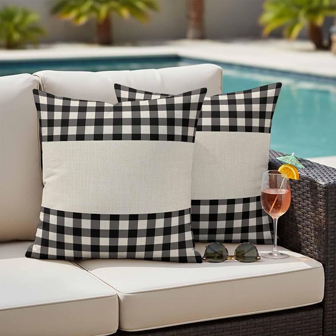 Retro Black Outdoor Waterproof Pillow Covers, Farmhouse Buffalo Plaid Vintage Beige Decorative Square Throw Pillowcase Sofa Cushion Sham for Patio/Couch/Chair, 20"x20" 2 Pack