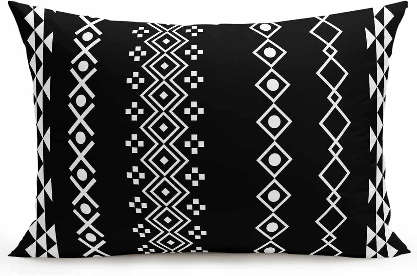 Outdoor Waterproof Throw Pillows 12x20in, Traditional Tribal White Diamond Patio Pillows Pack of 1, Decorative Pillow Covers with Insert, Pillow Cushion Case for Garden Boho Geometric on Black