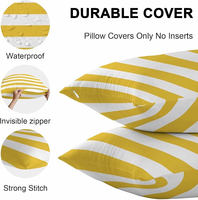 Outdoor Waterproof Throw Pillow Covers Set of 2 Yellow White Stripe Pillowcases 16x16 Inches Simple Style Striped Decorative Pillows Cushion Case Patio Pillows for Couch Bed Chair Garden