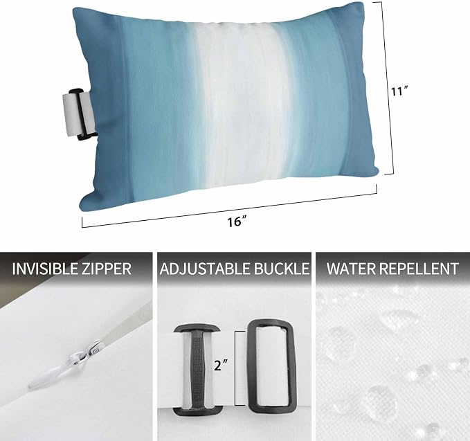 Outdoor Lumbar Pillow Set of 1, Aqua Blue Striped Waterproof Beach Headrest Pillow with Inserts, Blue White Ombre Farmhouse Gradient Recliner Throw Pillows for Patio Furniture, 11 x 16