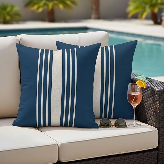 Navy Blue Beige Striped Outdoor Pillow Covers 16x16 Inch Throw Pillow Covers Set of 2 Waterproof Decorative Pillow Cases Modern Farmhouse Retro Lines Cushion Covers for Patio Furniture Garden Couch